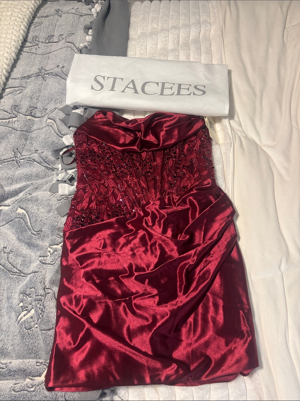 Stacees Burgundy Satin Embellished Strapless Mini Dress